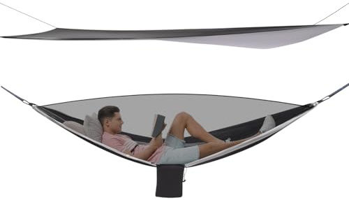 JJsdwin 2-in-1 Camping Hängematte, Ultraleicht Hammock mit Moskitonetz Zelt, Schlafhängematte für Outdoor, Wandern und Reisen, Belastbarkeit 200kg | Schwarz & Grau