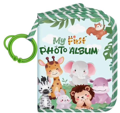 Lanpn Mein erstes Buch Baby Fotoalbum 17 10x15 Fotos, Babyalbum mit Beißring und Anhänger Fotobuch zum Stoff, Einsteckalbum zum Gesichter Namen merken Geschenke für Kinder Jungen Geburtstag (Tier)