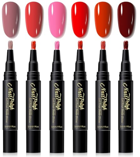 DMQ One Step 3-in-1 Nail Polish Pen Set, Quick-Dry Nail Art Pens, 6 Colors with Pink, Purple, Red & Deep Red Nail Varnish Pen, No Base Coat Needed, DIY Manicure Kit - No UV/LED Lamp Required