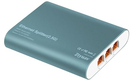Ztyuav 2,5G Ethernet Splitter 1 to 3 mit POE-Eingang, 4-Port-2,5-Gbit/s Netzwerk Switch mit Typ C Stromkabel für Cat5/5e/6/7/8-Kabel, Aluminiumgehäuse, Plug-and-Play für Router, PC, ADSL-Hub