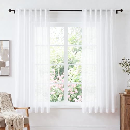 PONY DANCE Kurze Gardinen Weiß Transparente Vorhänge Durchsichtig | Weiß,H 145 X B 140 cm,2er Set,Voile Gardine mit Verdeckten Schlaufen & Tunnelzug,Bistrogardine Küche/Schlafzimmer