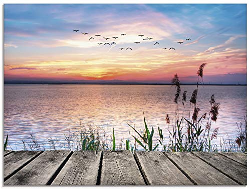 ARTland Wanddeko Glasbilder Wandbild Glas Bild einteilig 80x60 cm Querformat Natur Steg Landschaft See Himmel Sonnenaufgang Vögel Wolken T9QD