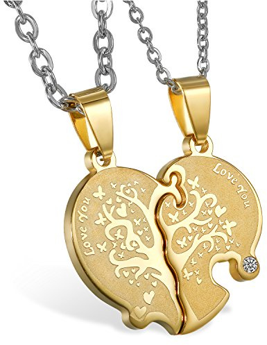 JewelryWe Schmuck 2 Freundschaftsketten mit kostenloser Gravur, Edelstahl Herz Partner-Anhänger Halskette mit Gravur Love You Baum des Lebens, Paar Anhänger Kette für Damen Herren