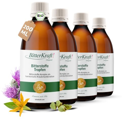 BitterKraft! Bio-droppar (4x200ml) enl. Hildegard von Bingen. 9 utvalda örter för matsmältningen. Högdoserad, 100% naturlig, vegansk & Made in Germany