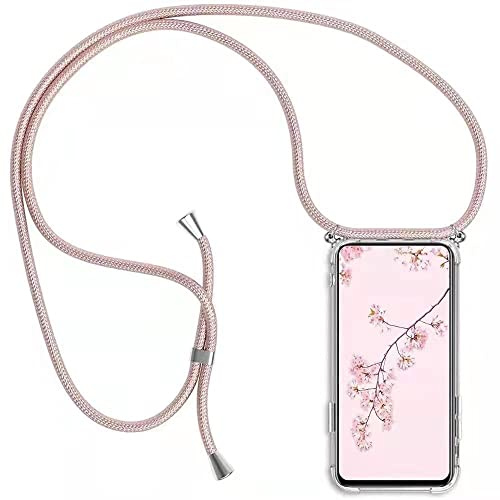 HongMan Handykette Handyhülle für Samsung Galaxy A21S mit Band - Transparent Handy-Kette Handy Hülle mit Kordel zum Umhängen Handyanhänger Halsband Lanyard Case - Roségold