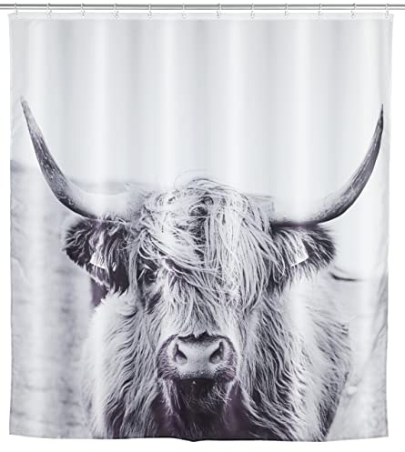 WENKO Duschvorhang Mod. Yak, hygienischer Textil-Vorhang, waschbar, wasserabweisend & pflegeleicht, mit 12 Ringen zur Befestigung an der Duschstange, 180 x 200 cm, Weiß/Schwarz