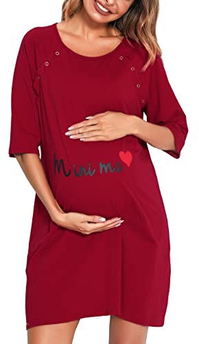 Vlazom Chemise de Nuit Maternité Femme Allaitement Coton Nuisette Grossesse Manches Longues Boutonnée Confortable，Rosso，M