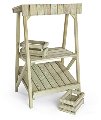 Erzi 10044 Marktstand Outdoor aus Holz, Kaufladenspielzeug für Kinder | zum Spielen im Garten, Kaufmannsladen, Rollenspiele, Kreative Spielwelten gestalten