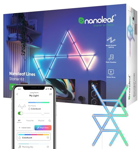 Nanoleaf Lines 60 Grad Starter Kit, 15 Smarten LED RGBW Lichtleisten - Modulare WLAN 16 Mio. Farben Wandleuchte Innen, Musik & Bildschirm Sync, Funktioniert mit Alexa Google Apple, für Deko & Gaming