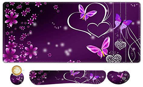ARTSO Large Gaming Mouse Pad, Keyboard Wrist Rest Pad & Wrist Support Mousepad Set, Stitched Edge, Extended, Non-Slip Base, Memory Foam Desk Mat for Office, Home, Purple Heart Butterfly