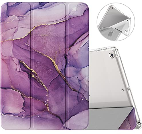 MoKo Hülle Kompatibel mit Neu iPad 9./8./7. Generation (2021/2020/2019), iPad 10,2 Zoll Hülle mit Ständer, TPU Transluzent Matt Rückseite Cover mit Auto Schlaf/Aufwach Funktion, Marmor Goldlila