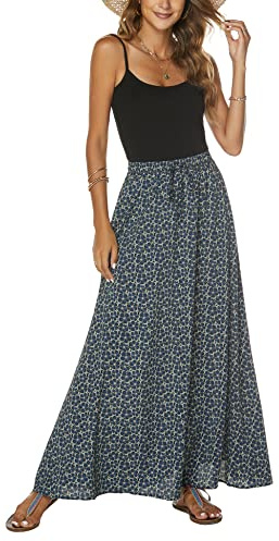 Bluetime Women Casual Summer Beach Boho Floral Print Long Skirts Elastic Waist Swing Maxi Dresses (M, Floral21)