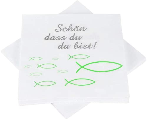 Servietten Fisch Grün, Taufdeko Mädchen, Servietten für Konfirmation Kommunion Taufe Tischdeko, Servietten Glaube Fisch Tisch Deko - 33x33 cm, 32 Stück