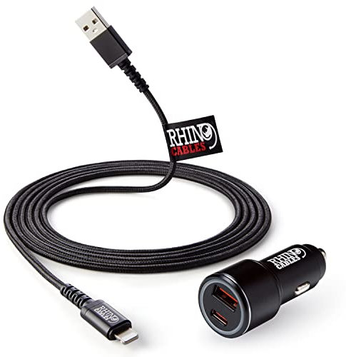rhinocables MFi-Certified Lightning Cable with USB A/USB C Dual Port Bullet Cigarette Lighter Socket Charger Plug - Car Van Charger for All Lightning-Compatible Devices, 1m (More Lengths Available)