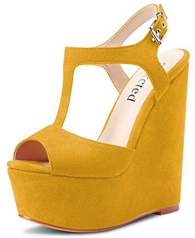 Saekcted Donna Alto High Zeppa Piattaforma Tacco Heel Aperte sulla Punta Sandali T-strap Cinturino alla Caviglia Fibbia Feste Dress Cute Scarpe Giallo 41 EU