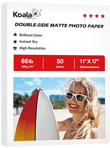 Koala Double Sided Matte Thick Photo Paper 11x17 Inches Heavyweight 50 Sheets 250gsm Compatible with Inkjet Printer and Dye Ink