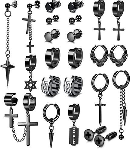 Adramata 12 Paare Ohrringe Herren Chirurgenstahl Ohrringe Stecker Kreuz Ohrringe Hängend Punk Ohrringe Männer Set Ohrringe Creolen Silber Ohrringe Schwarz Ohrstecker für Herren Damen