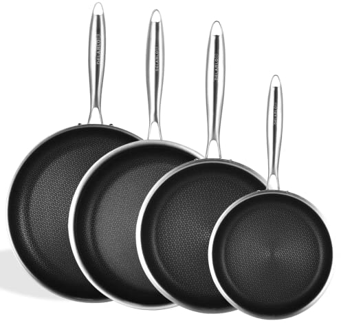 DELARLO Juego de sartenes de acero inoxidable de tres capas, sartenes de cocina, juego de utensilios de cocina de cocina, sartén de chef con asas ergonómicas, adecuado para todas las estufas