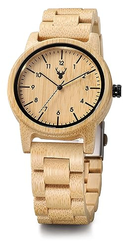 LeeEv Uwood Series 40mm Unisex Reloj de Madera Natural Hecho a Mano con Caja de Regalo y Correa Ajustable, EV-bambú