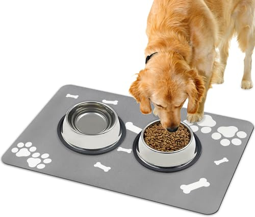 Lurowo Tapis de Nourriture pour Chien Tapis Gamelle Chien à Séchage Rapide Super Absorbant Lavable Tapis Antidérapant de Gamelle pour Chien Chat (Motif de Patte d'Os-Gris Clair, 40x60cm)