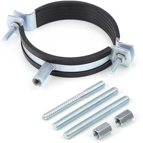 Fascetta per tubi da 160 – 185 mm, supporto per tubo da stufa, in acciaio zincato con fodera in gomma nera