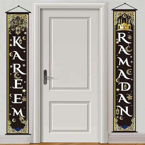 Ramadan Dekoration, 2 Stücke Eid Mubarak Banner, Ramadan Veranda Banner Zeichen, Ramadan Mubarak Dekoration Hintergrund Banner, Ramadan Banner für Eid Mubarak Dekoration Muslimische Garten Deko (B)
