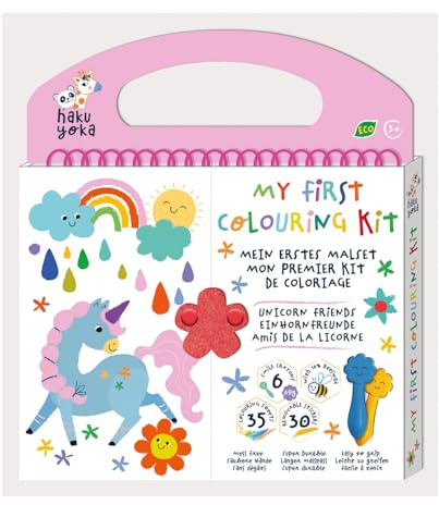 Haku Yoka 6303069 Mein erstes Wachsmal-Set, Einhorn, Ausmalbuch mit 6 Wachsmalstiften, 35 Seiten zum Ausmalen inkl. 30 Sticker, Wachsmalkreiden für Kinder ab 3 Jahren