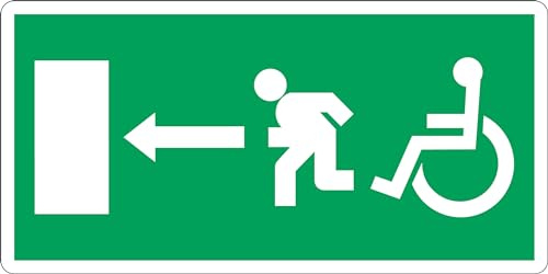 GLOBAL CARTELLO SEGNALETICO UNI - USCITA DI EMERGENZA DISABILI SINISTRA NORMA CE - Adesivo Extra Resistente, Pannello in Forex, Pannello In Alluminio (30x12 cm, Alluminio)