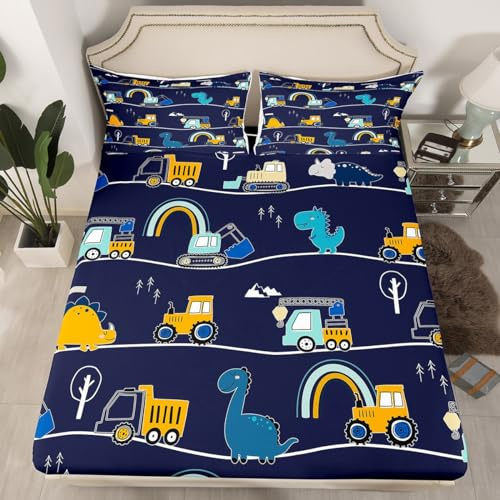 Homewish - Sábana bajera (135 x 200 cm, 2 personas, juego de cama de arco iris y dinosaurio, para adolescentes, sábana excavadora, tractor, camión, azul marino