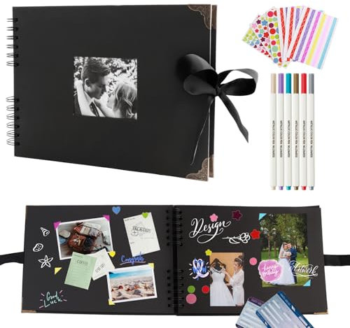Scrapbook, 80 Pages Large Photo Album Scrapbook Kit with 6 Metallic Marker Pens and 6 Sheets Stickers, Black Memory Book for Anniversary Wedding Travelling 29 x 21.5cm（11.4 x 8.5in）