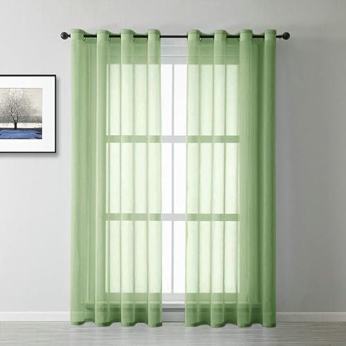 Bishilin Vorhänge Grün Halbtransparent, Vorhänge 2er Set mit Ösen 102x183CM Modern Einfarbig Polyester Gardinen Lichtdurchlässig Wohnzimmer Küche