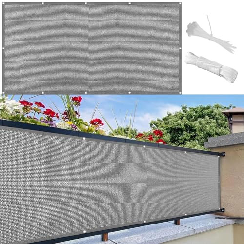 Balkon Sichtschutz mit Ösen 80 x 100 cm 100% Privatsphäre Schattierungsnetz inkl Befestigungsseile Reißfest, mit Ösen Kabelbinder Sichtschutz für Balkon Terrasse, Hellgrau