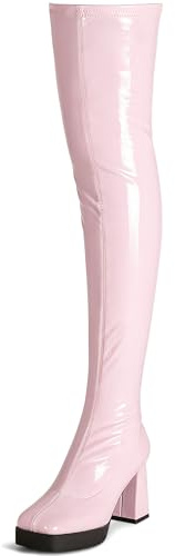 KHPAERMEI Pink Platform Boots for Women Patent Leather Thigh High Boots Women Light Pink Boots Knee High GoGo Boots Chunky Over The Boots Chunky Heel Boots, 9.5