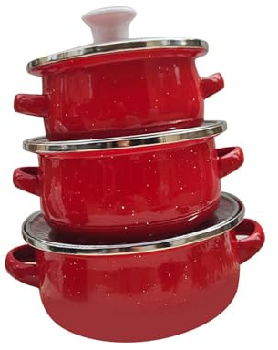 Milageto 3-teiliges Emaille-Kochtopfset mit Glasdeckel, Induktionskochtopf Suppentopf, Antihaftbeschichtung für alle Herdarten, Pastatopf Küchentopf für Zuhause Restaurantkochen, Rot