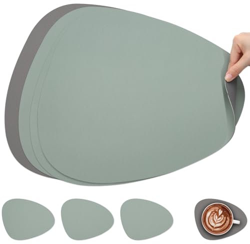 Myir JUN Leather Table Mats and Coasters, Placemat Round PU Waterproof Dual-Sided Kitchen Place Mats Coffee Mats Non-Slip Washable Placemats and Coaster Sets 4 (Set of 4, Gray Sage green)