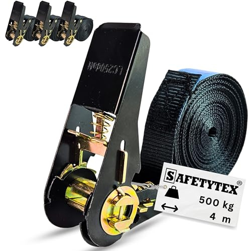 Safetytex Spanngurt Ratsche 500 daN schwarz 25 mm 4-6 m (4 Stück 4m) | Ratschengurt, Zurrgurt, 500 kg Belastbarkeit, einteilig, Länge wählbar, sichere Ladungssicherung, robust