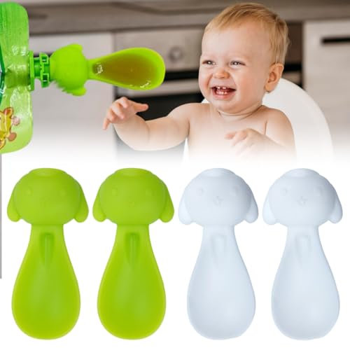 QOMJUFA Cuillères Silicone Bébés : Facile Nettoyer, Anti-Fuite, Idéal Aliments Bébés, Diverses Gourdes, Lot 4 Blanc & vert