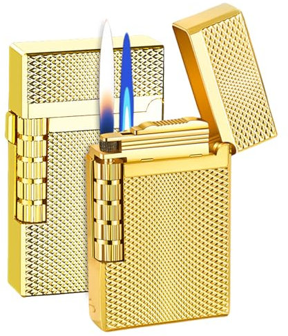 WIYETY Mechero dorado de doble llama, encendedor de gas recargable, a prueba de viento, aleación de aluminio, se vende sin gas