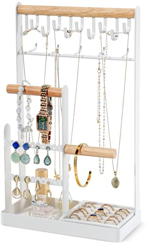 ProCase Organizador de Joyas 4 Niveles ，Soporte para Collares, Pulseras, Anillos y Pendientes con Bandeja Base – Torre Compacta de Almacenaje para Tocador o Cómoda- Gran,Blanco