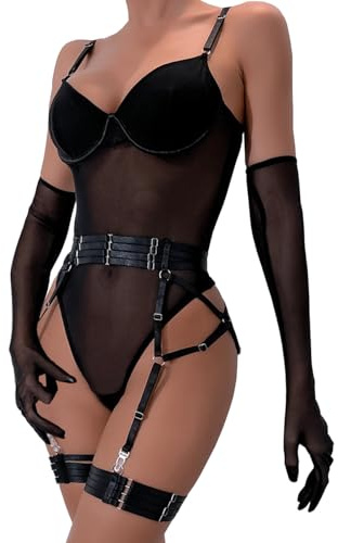Metsitlife Women's Bodysuit with Garter Belt Deep V Underwire Lingerie Sets | Snap Crotch, Mesh Sheer Lace, Matching Gloves, Removable Waist Band, Thigh Rings, 4 Pieces