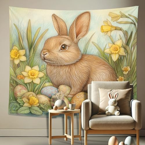 Bonito tapiz de primavera de liebre, huevos de Pascua coloridos para colgar en la pared, encantador conejo decorativo para sala de estar, dormitorio, habitación de los niños, decoración del hogar, 152