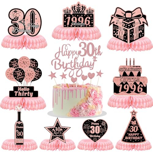 30th Birthday Table Decorations Women - 10 Pcs Rose Gold Honeycomb Centerpieces Cake Toppers Cheers to 30 Years Vintage 1995 Decor Happy Birthday Party Supplies