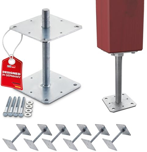 SOTECH Set de 6 supports de poteau 160 x 160 x 250 mm Filetage M24 acier galvanisé à chaud Ancrage réglable en hauteur Pied de base à visser Résistant aux intempéries