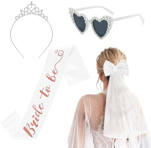 4 Stück JGA Accessoires Frauen, Bride to Be Weiß Schärpe Schleier, Junggesellenabschied Herz Sonnenbrille Perle, Silbrig Bride Haarreif, JGA deko Frauen für Bachelorette Party Hochzeit Fotorequisiten