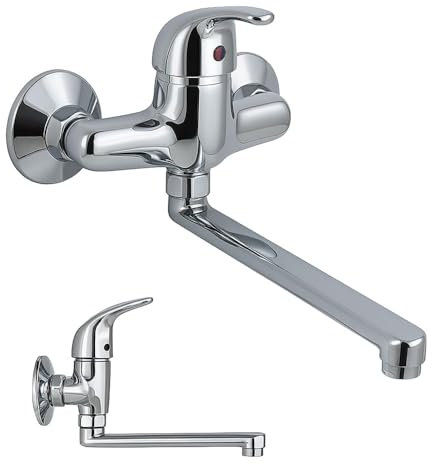 Rubinetto a Muro per Lavello con Erogazione Orientabile a 360° | Miscelatore Cromato Lucido in Acciaio Inox