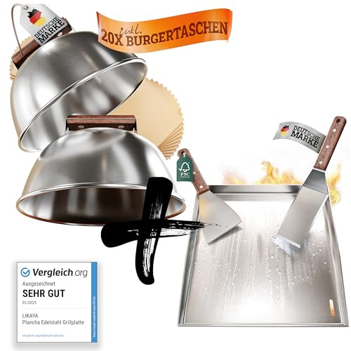 LIKAYA [BUNDLE] Plancha Edelstahl Grillplatte [40x40cm] + Burger Glocken Set – 2x Grillspachtel & 2x Burger Glocken mit FSC-Akazienholzgriff – Perfekte Smash Burger auf Deinem Grill!