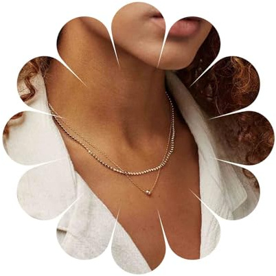Inilbran Boho Cube Bead Necklace Layered Beaded Chain Necklace Vintage Cube Chain Necklaces Metal Tiny Ball Collar Necklaces for Women