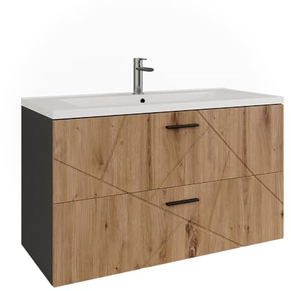 Vicco Set di mobili da bagno Irma, Antracite/Rovere dorato, 100 cm, composto da mobile sottolavabo e lavabo