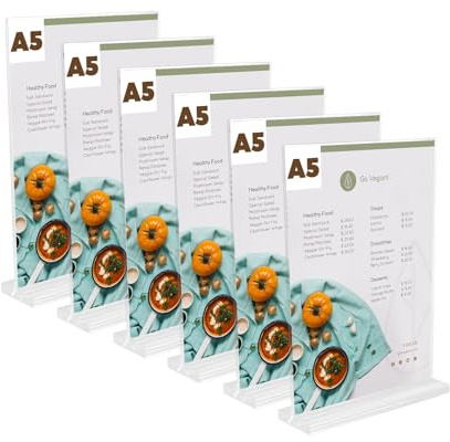 OulQinyhome 6 Pezzi Espositore Plexiglass A5 - Porta Menù Acrilico A5 - T Forma Porta-avvisi - Espositori da Tavolo in Acrilico per Ristoranti Ufficio Menu Foto