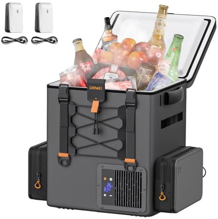 LiTHELi FrozenPack Frigo Accu Portatile da Auto 20L, 12/24V 100/240V Frigo a Zainetto per Campeggio, Viaggi, Camper, 15 Minuti di Raffreddamento Rapido, Grigio-SE Con 2 x 4.0Ah Accu